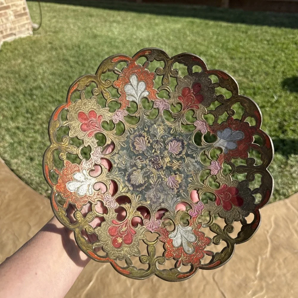 VINTAGE INDIA BRASS ENAMELED OPENWORK BOWL